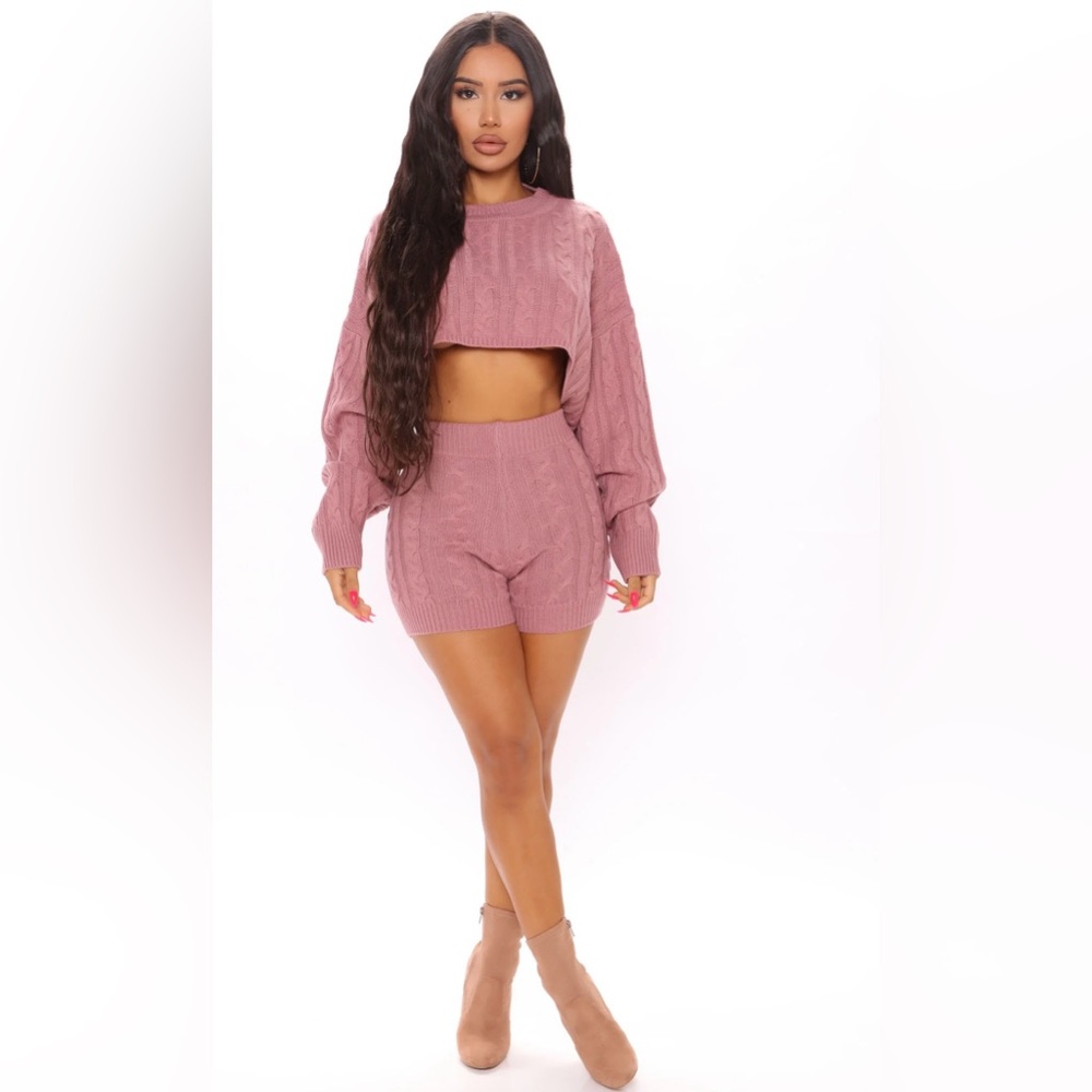 Fashion Nova Dusty Rose Knit Cropped Sweater Shorts Set sz Sm